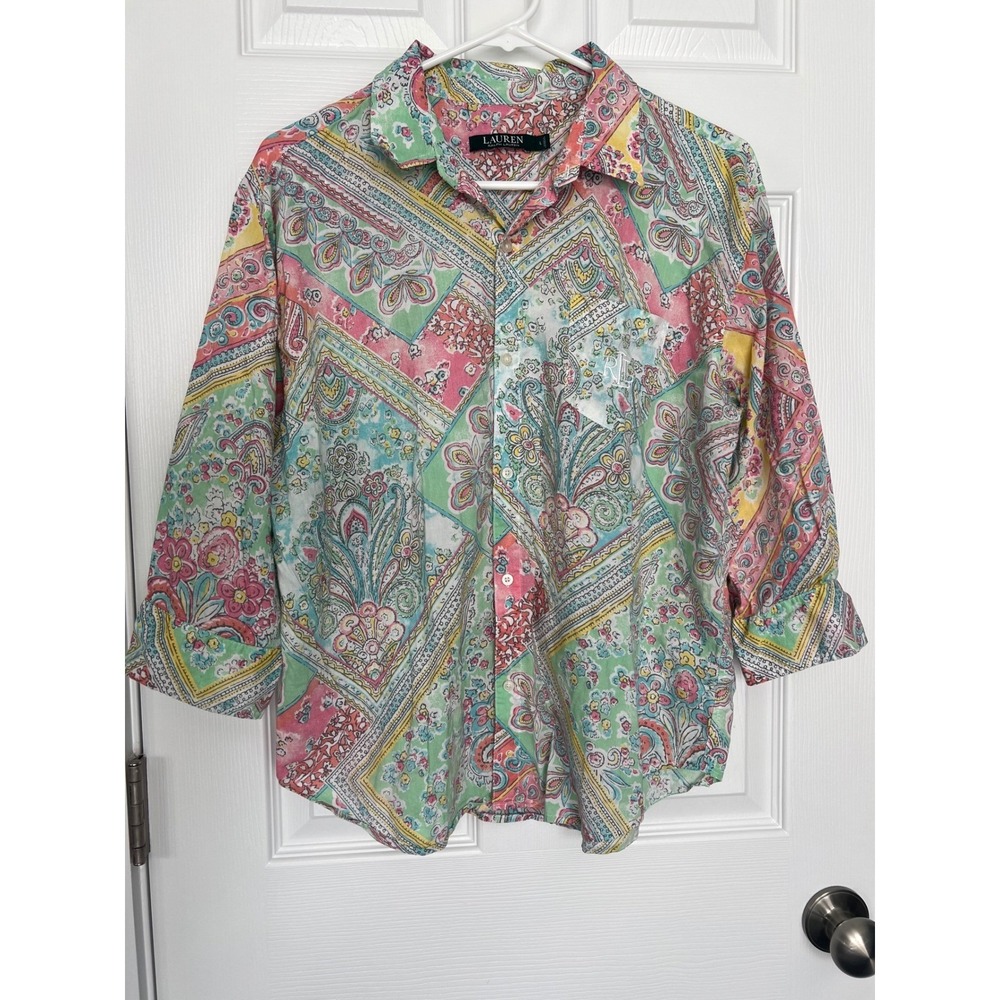 Lauren Ralph Lauren Womens Large Paisley Patchwork Button Up Shirt Pink Peasant